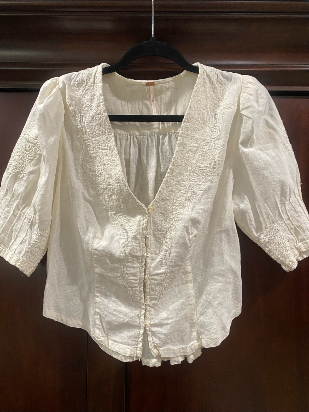 Free People Cream Embroidered V-Neck Button Blouse